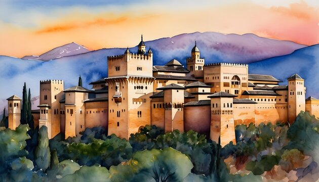 Alhambra Palace - A Watercolor Painting of Moorish Architecture