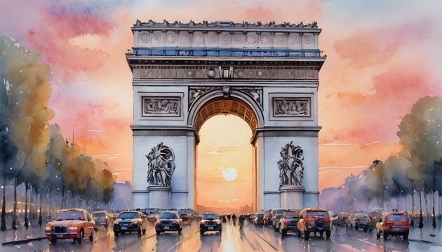Watercolor Painting of the Arc de Triomphe - its grandeur softened by the pastel hues of a Parisian sunset