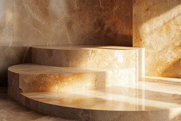 Glowing Marble Display Stage in Elegant Curved Design Set Against a Warmly Lit Stone Background