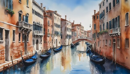 Fototapeta na wymiar Watercolor Painting of the canals of Venice - their waters reflecting the colorful facades of historic buildings under a clear blue sky