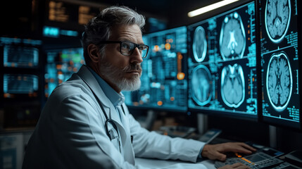 Modern Medical Laboratory: Male Scientist, Typing on Keyboard, Working on Computer, Scren Shows MRI Brain Scans. Advanced Scientific Lab, Medicine Technology Development.