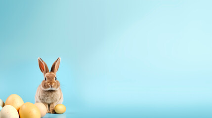 Fototapeta na wymiar Cute bunny and Easter eggs on a blue background with copy space. Happy Easter! Easter holiday concept