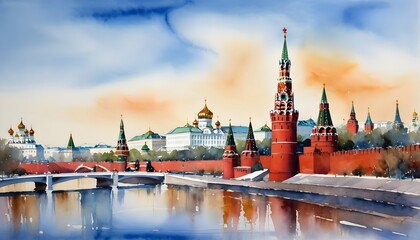 Watercolor Painting of the Kremlin - its colorful domes shimmering in the sunlight against a backdrop of blue skies in Moscow