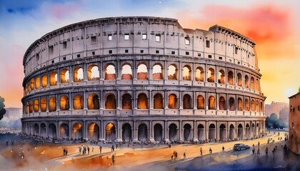 Fototapeta na wymiar Watercolor Painting of the Roman Colosseum - its ancient arches glowing in the warm hues of a Mediterranean sunset in Rome