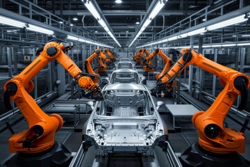 Fototapeta premium Advanced robotic assembly line for car manufacturing