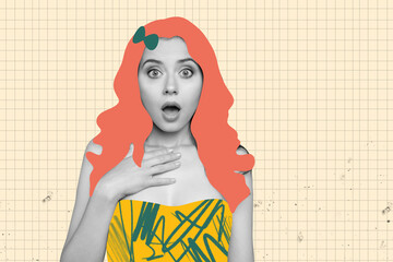 Collage 3d image of pinup pop retro sketch of amazed pretty female shocked touch chest weird freak...