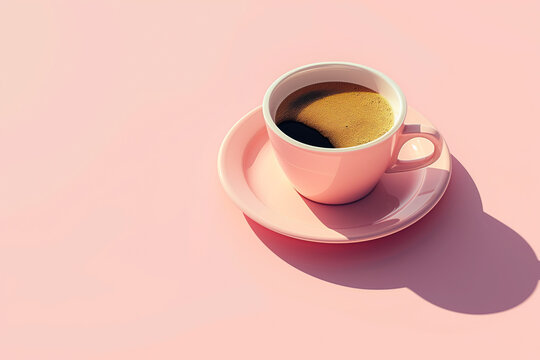 Isometric image of a cup of coffee on a pink minimalistic background. Spring color palette, aesthetic, minimalist design.
