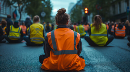 Protesters in reflective vests sitting on street at dusk. Concept of activism.
 - obrazy, fototapety, plakaty