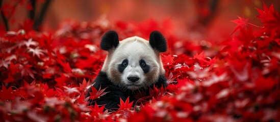A carnivorous terrestrial animal, the panda bear sits peacefully in a field of red leaves,...