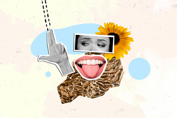 Collage picture image of woman showing healthy white teeth fresh breath beauty health concept...