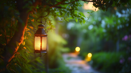 Enchanted Garden Pathway: Evening Ambience with Vintage Hanging Oil Lamps, Romantic Outdoor Lighting, Serene Walkway in Lush Greenery, Magical Twilight in Private Garden