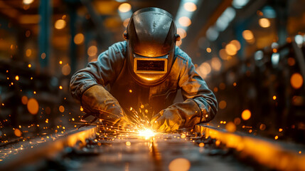 A Caucasian man in protective clothing welds metal structures at a factory. Professional mechanic making steel parts in a workshop.