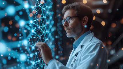 Medicine doctor touching electronic DNA. Digital healthcare and network connection on virtual screen, modern hologram, medical technology and network concept.
