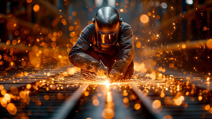 A Caucasian man in protective clothing welds metal structures at a factory. Professional mechanic making steel parts in a workshop. - obrazy, fototapety, plakaty