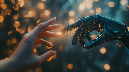 A human hand and a robotic hand reach towards each other, fingertips almost touching, in a dark setting with soft bokeh lights in the background