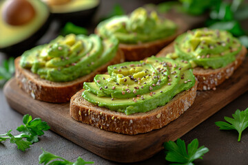Slices of bread with sliced avocado on a wooden board