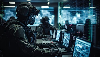 Soldiers working together in a room, focused on their computers and collaborating on important tasks. - obrazy, fototapety, plakaty