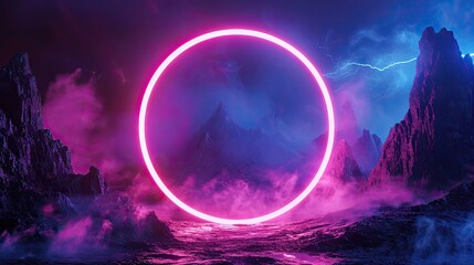 Fantasy landscape with mountains and glowing neon circle