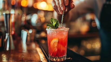 Alcoholic cocktail on stylish bar counter