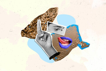 Collage picture promo banner of human arm advertising dentistry stomatology teeth treating isolated...