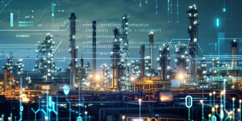 Fototapeta premium Industrial plant with futuristic data analytics and operational metrics overlay.
