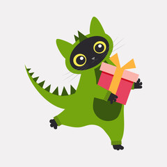 A cute black cat is dressed in a dragon costume and holds a box of gifts in his paws. Vector.