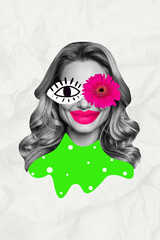 Collage image picture of happy cheerful adorable gorgeous girl covered eye with flower isolated on...