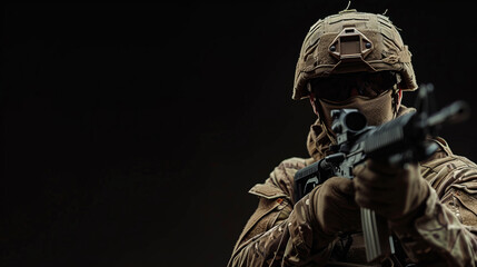 A close-up portrait of a soldier with a weapon in monochrome or black and white