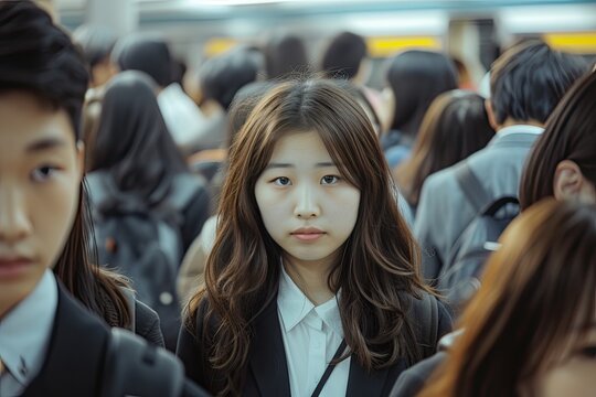 Asian Schoolgirl in Casual Attire: Crowded Scene, Student Life, Casual Fashion, Youth Culture, Educational Environment, Diversity, Teenage Crowd, Group of Students, Social Dynamics, School Days
