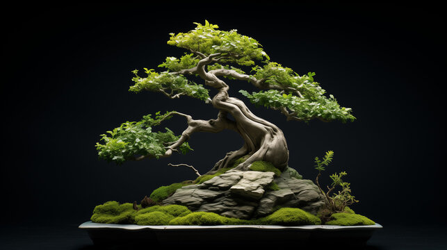 An expensive natural bonsai tree in a stone pot with mossy rocks or stones, isolated on a dark black background, traditional bonsai designs, generative ai	
