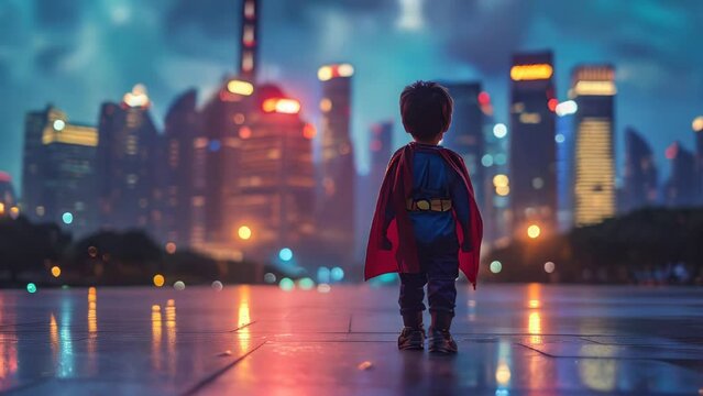 Superhero kid with red cape standing in the city at night.
