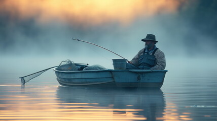 lone fisherman, in a small boat on a calm lake. Early morning li - obrazy, fototapety, plakaty