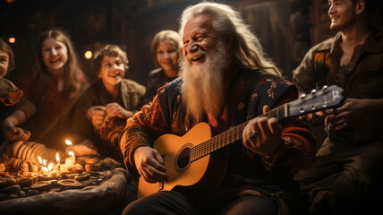 Fototapeta na wymiar elderly man with a long white beard, joyfully playing his guitar