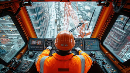 interior view from the crane operator's cab at a construction si