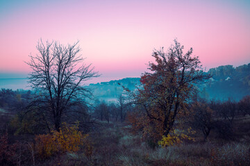 Obraz na płótnie Canvas Sunrise in the mountains in the early misty morning. Rural landscape. Obukhiv, Ukraine