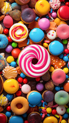 Fototapeta na wymiar Colorful Assortment of Candies and Donuts, wallpapers for smartphones