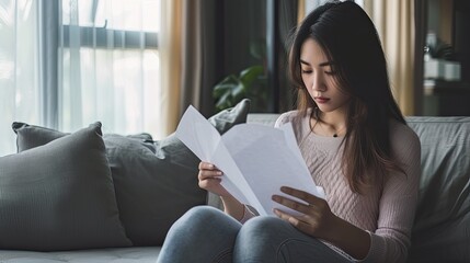 Asian woman looking at papers in her hand while sitting on a sofa in her home. She is thinking about the bill she has to pay - obrazy, fototapety, plakaty
