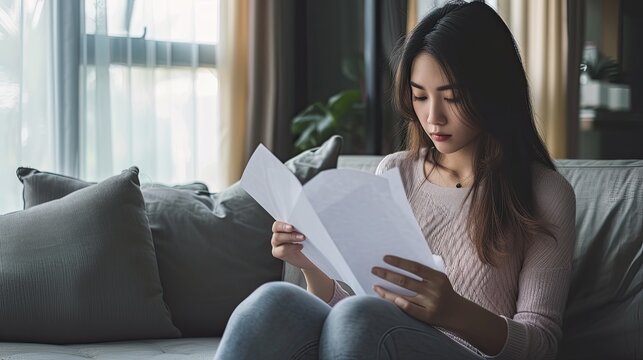 Asian woman looking at papers in her hand while sitting on a sofa in her home. She is thinking about the bill she has to pay