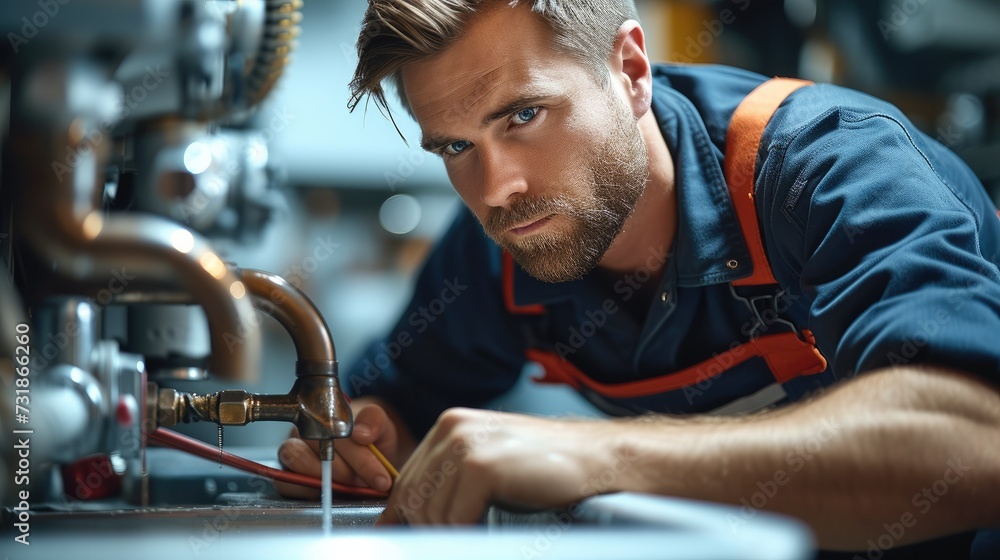 Poster a plumber repairing sink. male worker using tool while fixing appliance in bathroom. he is working o