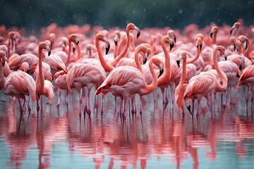 a Group birds of pink african flamingos walking