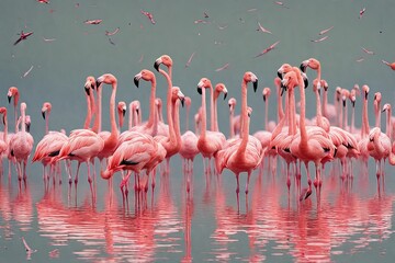 Obraz premium a Group birds of pink african flamingos walking