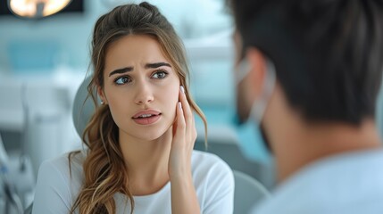 Beautiful caucasian woman holding her cheek and consulting a dentist about tooth ache. Generative AI.