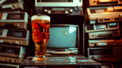 Cinematic wide angle photograph of a beer pint glass in a 90s video cassette rental club. Product photography. Advertising. - obrazy, fototapety, plakaty