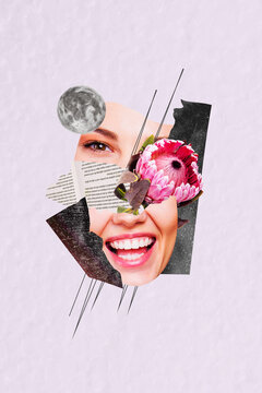 Collage poster picture of happy smiling woman face with healthy teeth and skin natural care concept isolated on creative background