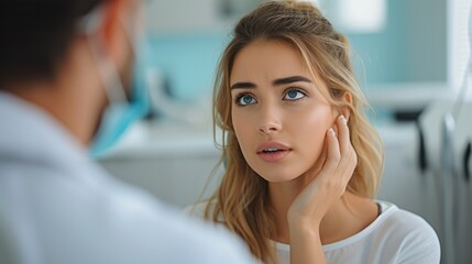 Beautiful caucasian woman holding her cheek and consulting a dentist about tooth ache. Generative AI.