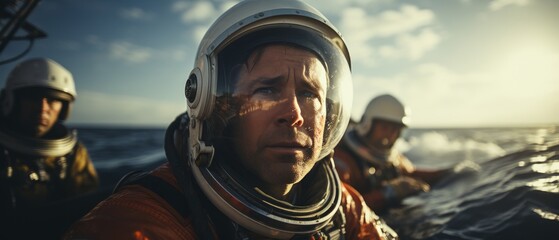 A close-up portrait of an astronaut with a team who successfully returned to earth. Landing in the water