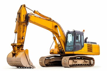 Yellow excavator at a construction site on a white background