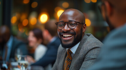 Charismatic Businessman Sharing a Laugh with Colleagues in a Modern Corporate Environment, Networking and Morale in the Workplace Concept