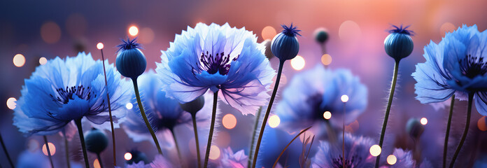 cornflowers in the green grass, in the style of bokeh panorama