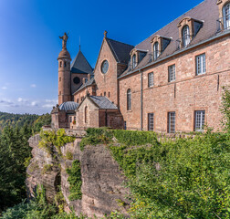 Mont Sainte Odile, France - 09 11 2020: Alsatian Vineyard. Panoramic view of the facade of the...